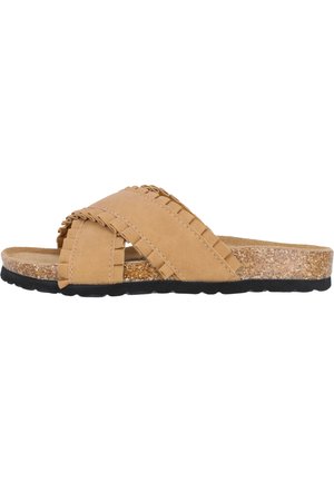 Brune slide-sandaler med tværbåndsdesign lavet af blødt materiale. Korkmellemsål, struktureret sort gummisål med stikningsdetaljer.