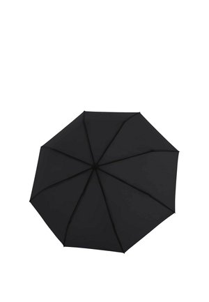 Parapluie noir ouvert vu de dessus, montrant huit panneaux triangulaires en tissu et des baleines de soutien, isolé sur fond blanc.