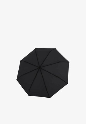 Parapluie noir ouvert vu de dessus, montrant huit panneaux triangulaires en tissu et des baleines de soutien, isolé sur fond blanc.