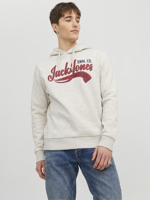 Light gray hoodie made of soft fabric, featuring a front logo in red and navy. The design includes a drawstring hood and ribbed cuffs.
