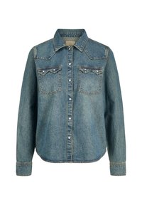 Camicia di jeans di colore blu chiaro, con due tasche sul petto, colletto punta e dettagli di cucitura lungo le cuciture e i polsini.