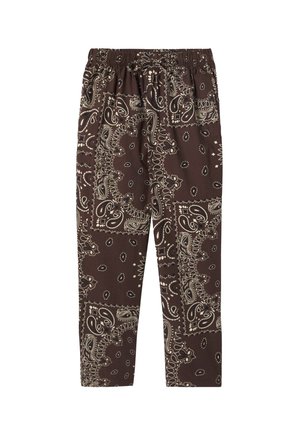 Pantalon marron avec imprimé bandana paisley beige, taille élastique et cordon, présenté à plat sur fond blanc.