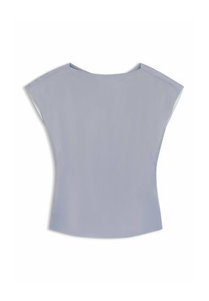 Light blue, short-sleeve top with a wide neckline and a smooth texture. Features a minimalist design without patterns or embellishments.