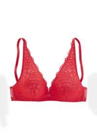 Sarkanais mežģīņu krūšturis ar trīsstūrveida formu, delikātiem ziedu rakstiem, izrelaksētām malām un plānām satīna siksnām. Regulējama aizmugures aizdare.