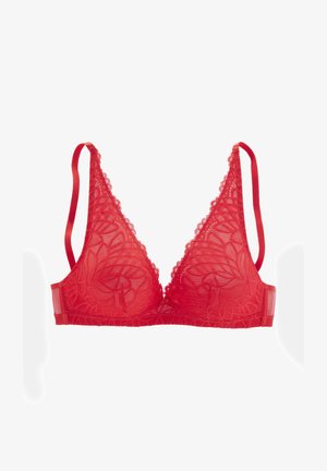 Sarkanais mežģīņu krūšturis ar trīsstūrveida formu, delikātiem ziedu rakstiem, izrelaksētām malām un plānām satīna siksnām. Regulējama aizmugures aizdare.