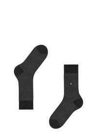 Calze nere con un motivo geometrico grigio, con una punta e un risvolto scuri. Realizzate in un materiale tessile liscio.