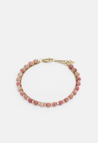 Gold-toned bracelet featuring round pink beads and small metal accents, with a secure clasp for fastening.