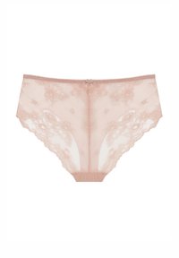 Spitzen-Bikini-Slip in zartem Rosa mit floralem Muster, wellenförmigen Kanten und einer kleinen Schleife mittig vorne. Halbdurchsichtiges Material.