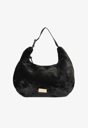 Black faux fur shoulder bag with a curved shape, a short handle, and a gold-tone brand tag. Soft texture with a plush appearance.
