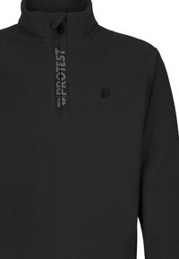 Czarny polarowy sweter z kołnierzem, pół zamkiem błyskawicznym i wytłoczonym logo. Miękka tekstura z gładkim wykończeniem. Minimalistyczny design.