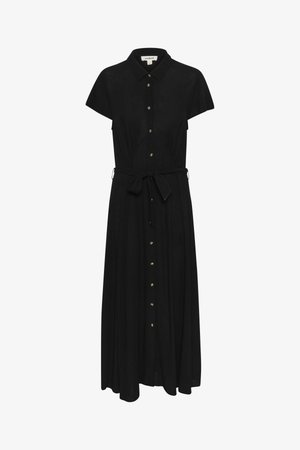 Schwarzes kurzärmliges Hemdkleid mit Kragen, gebundenem Taillenbereich und goldfarbenen Knöpfen, das einen fließenden, knielangen Schnitt hat.