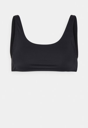 Top de banho preto com decote quadrado e alças largas. Feito de um tecido suave, apresenta um design simples e sem costuras para um visual minimalista.