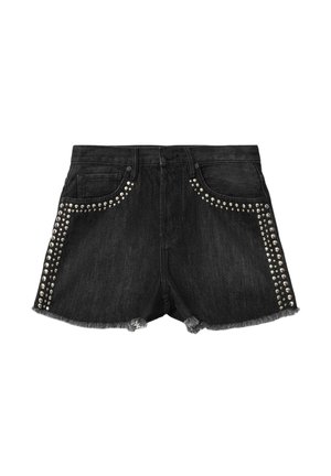 Shorts in denim nero con orli sfrangiati, tasche frontali e dettagli con borchie argento lungo le tasche e le cuciture laterali.