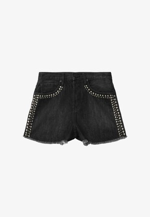 Shorts in denim nero con orli sfrangiati, tasche frontali e dettagli con borchie argento lungo le tasche e le cuciture laterali.