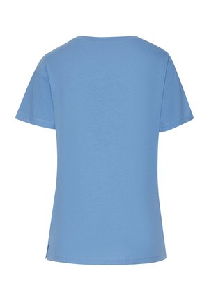 Hellblaues T-Shirt mit kurzen Ärmeln, Rückansicht, mit Rundhalsausschnitt und geradem Saum.