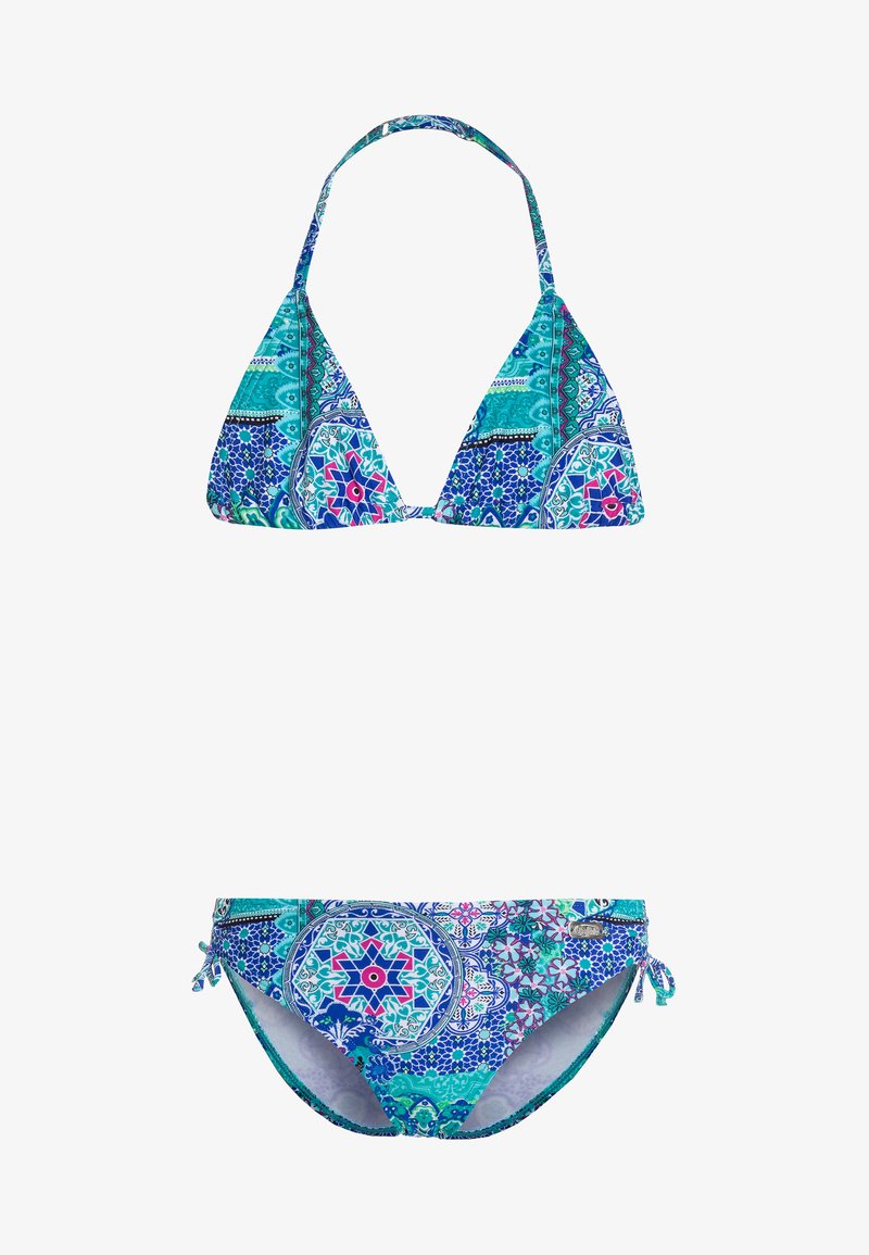 Triangular bikini set with a vibrant blue and green floral pattern. Halter neck design, adjustable side ties on the bottom, soft fabric.
