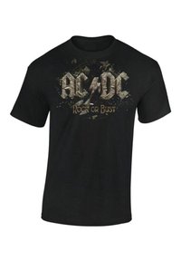 Svart bomull t-skjorte med grafisk trykk av "AC/DC" og "Rock or Bust" i slitt, stilisert skrift med sprutdetaljer.