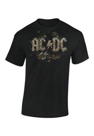 T-shirt en coton noir avec un imprimé graphique de "AC/DC" et "Rock or Bust" dans une typographie stylisée et vieillie, agrémentée d'accents de éclaboussures.