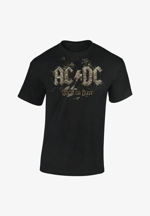 Schwarzes Baumwoll-T-Shirt mit einem Grafikdruck von "AC/DC" und "Rock or Bust" in abgenutzter, stilisierter Schrift mit Spritzern.