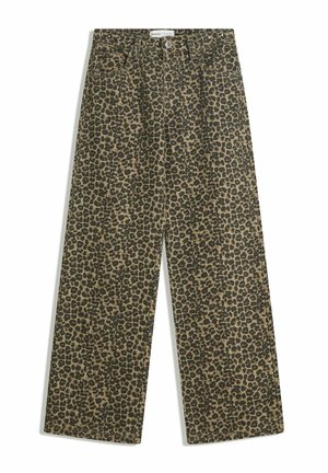 Leopardprint denimbroek in bruin- en zwarttinten. Hoge taille, met een rechte pijp en een traditionele vijf-pocket stijl.