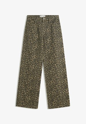 Džínové kalhoty s leopardím potiskem v odstínech hnědé a černé. Vysoký pas, rovný střih a tradiční pětisídlový styl.
