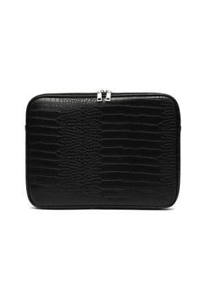Black rectangular laptop sleeve with crocodile-textured surface and double silver zipper at the top, shown on white background.