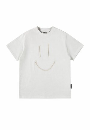 T-shirt bianca a maniche corte con filo in rilievo che forma una semplice faccina sorridente sul davanti, collo a giro e piccola etichetta laterale nera.