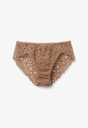 Lace hipster ondergoed in een lichtbruine kleur, met bloemmotieven, gegolfde randen en een zachte, doorschijnende textuur.