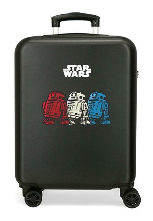 Maleta rígida negra con cuatro ruedas, asa retráctil, logo de Star Wars y tres ilustraciones coloridas del droide R2-D2 en rojo, blanco y azul.