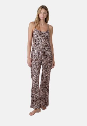 Leopardenmuster-Loungewear-Set aus weichem Stoff; umfasst ein ärmelloses Oberteil mit rundem Ausschnitt und weit geschnittene Hosen in lockerer Passform.