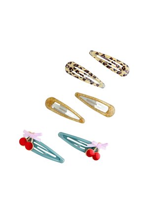 Six decorative hair clips: two leopard print, two gold glitter, two blue with red cherry and pink bow accents.
