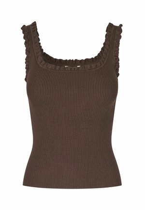 Top maro fără mâneci, cu model striat, decolteu pătrat și volănașe pe bretele și la decolteu.