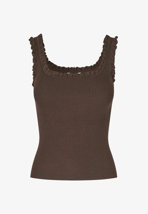 Top maro fără mâneci, cu model striat, decolteu pătrat și volănașe pe bretele și la decolteu.