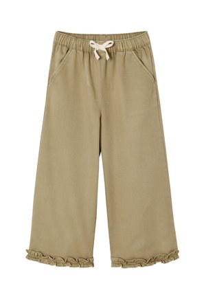 Beige weite Hosen mit elastischem Bund, weißem Kordelzug, Seitentaschen und gerafften Säumen an beiden Hosenbeinen.
