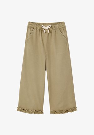 Beige weite Hosen mit elastischem Bund, weißem Kordelzug, Seitentaschen und gerafften Säumen an beiden Hosenbeinen.