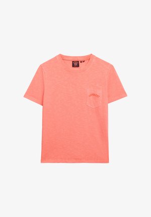 Korte mouwen t-shirt in een heldere koraalkleur, gemaakt van zachte stof, met een kleine voorzak met de tekst "Superdry".