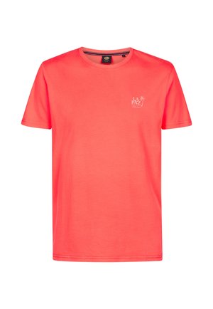 Koraalkleurig katoenen T-shirt met een ronde hals en korte mouwen. Voorzien van een klein wit logo op de borst. Soepele textuur, klassieke pasvorm.