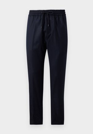 Mørkeblå bukser lavet af blødt stof, med elastisk talje med snørebånd, lige ben design og ingen synlige mønstre eller accenter.