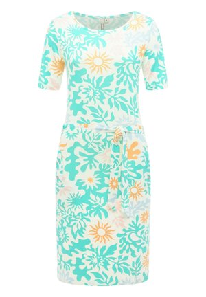 Hvit kjole med knelangt snitt, korte ermer, sidelommer, belte og abstrakt blomstermønster i turkis, oransje og lys blå.