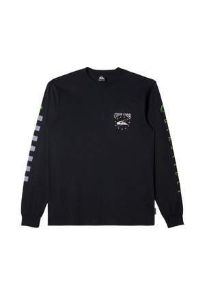 Maglietta nera a maniche lunghe in cotone, con un logo grafico sul petto e motivi verde brillante e grigio sulle maniche.