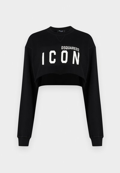 Felpa nera corta con maniche lunghe, caratterizzata dalla scritta "DSQUARED2 ICON" in grande lettere bianche sulla parte anteriore. Tessuto morbido, scollatura a girocollo.