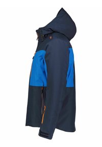 Wasserfestes Jacket mit einem Design in Blau und Marineblau, ausgestattet mit einer Kapuze, Reißverschlusstaschen und orangefarbenen Akzenten. Glatte Textur und strapazierfähiges Material.