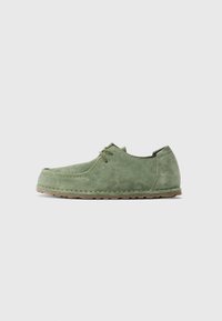 Grüner Wildlederschuh mit Schnürung, ausgestattet mit gestickten Details und brauner Gummisohle, seitlich auf einem einfarbigen Hintergrund dargestellt.