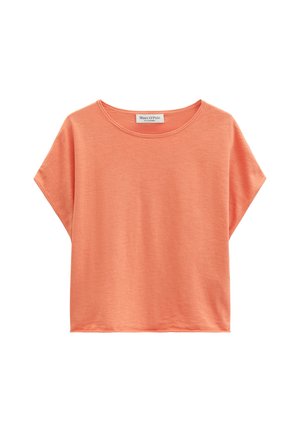 T-shirt in cotone arancione corallo a maniche corte con scollo rotondo e vestibilità ampia, distesa su sfondo bianco.