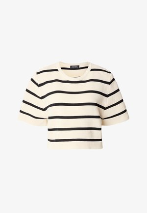 Kurzärmliges, cremefarbenes gestricktes Crop-Top mit schwarzen horizontalen Streifen und rundem Ausschnitt, mit strukturiertem Rippenmuster.