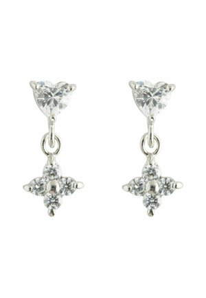 Orecchini d'argento con un cima a forma di cuore decorata con una pietra preziosa trasparente e un design pendente caratterizzato da un bouquet floreale di piccole pietre preziose trasparenti.