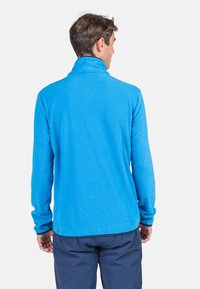 Pullover in pile blu con colletto alto e maniche lunghe. Tessuto morbido, orlo arrotondato e cuciture a contrasto. Vista posteriore mostrata.