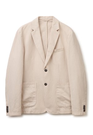 Beiger Cordblazer mit zwei schwarzen Knöpfen, Kerb-Revers, zwei aufgesetzten Fronttaschen und geknöpften Manschetten.