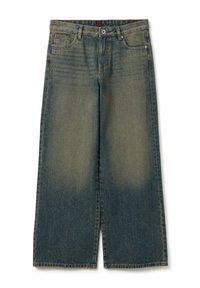 Jeans de pierna ancha, de denim azul medio, ligeramente desgastados con una textura suave, que presentan un cierre de botón tradicional y bolsillos a cada lado.