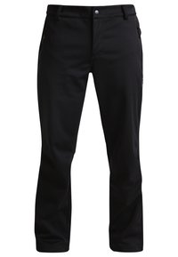 Czarne spodnie wykonane z gładkiego, elastycznego materiału, z zapięciem na guziki i bocznymi kieszeniami. Prosty design z prostym krojem nogawek.